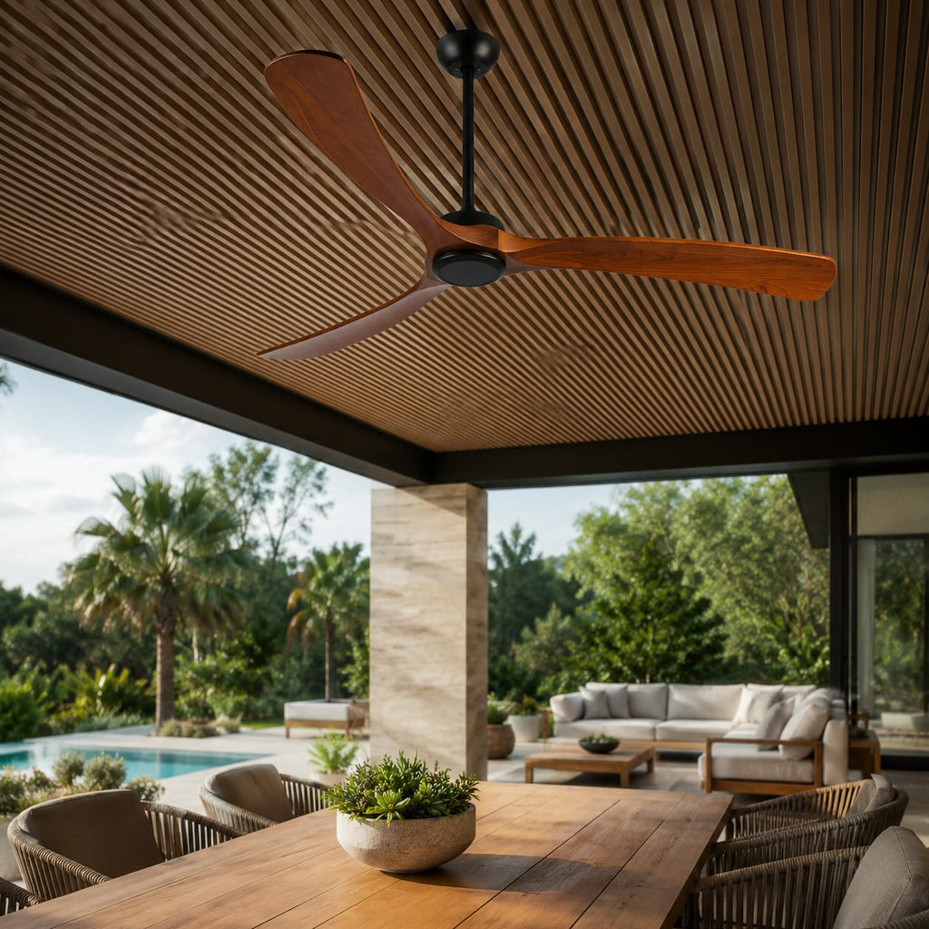 Modern Outdoor Ceiling Fan — Walnut Wood Blades, IP65 Waterproof Rating, 6-Speed Motor