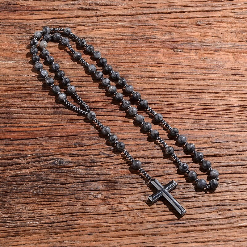 Collana con rosario da uomo Orion — Catena con perle a forma di croce in occhio di tigre e lapislazzuli