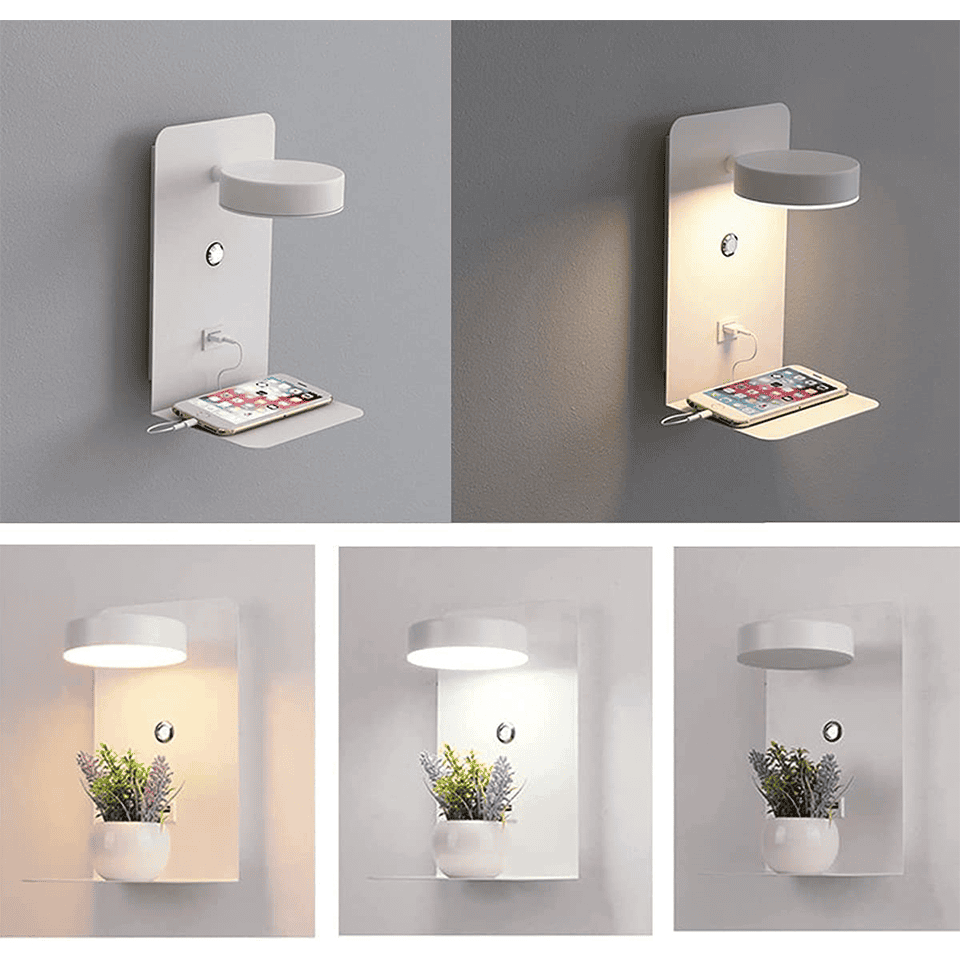 Stmívatelné LED nástěnné svítidlo — multifunkční design, nabíjecí port USB