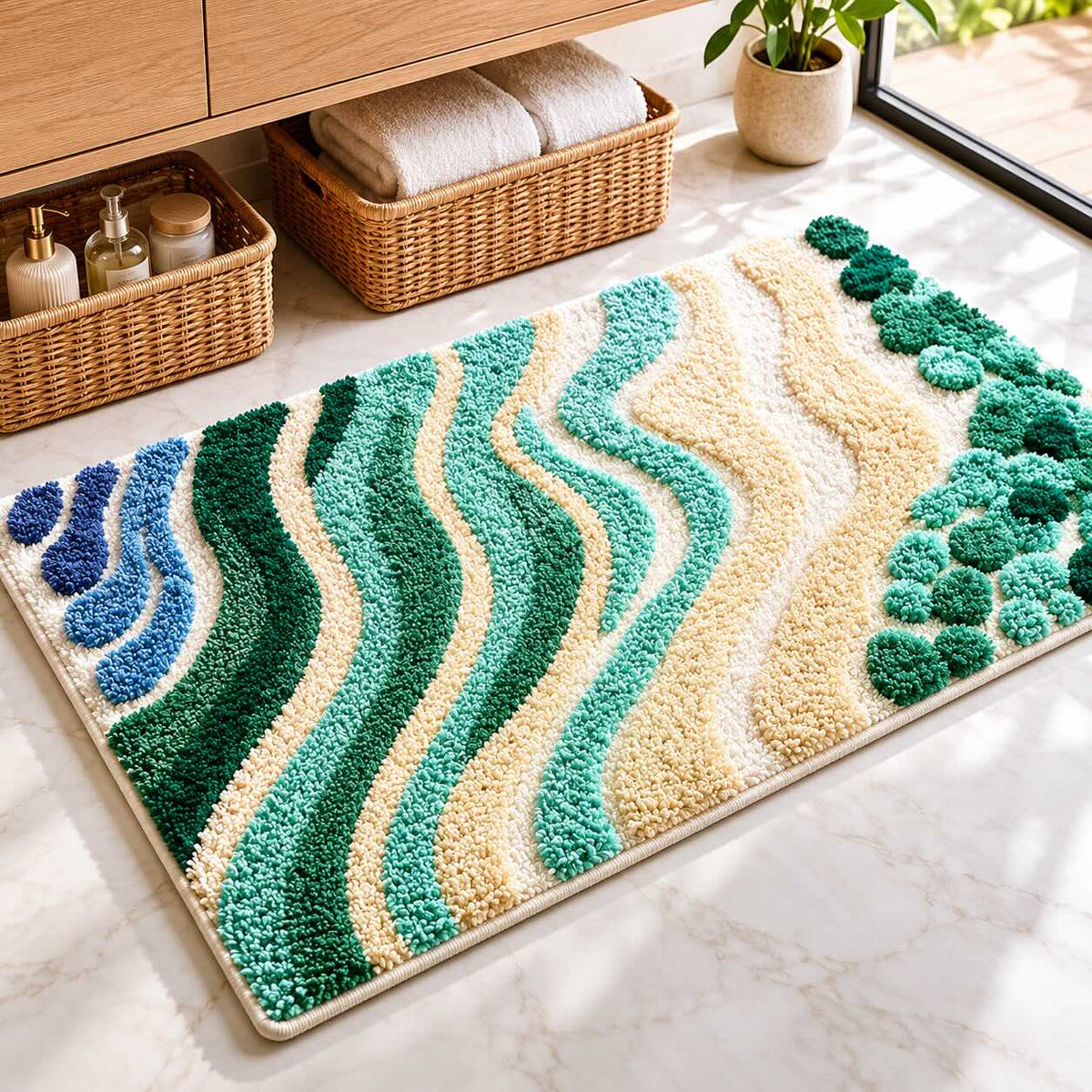 Modern Wavy Microfiber Bath Mat — Absorbent Texture, Secure Non-Slip Backing