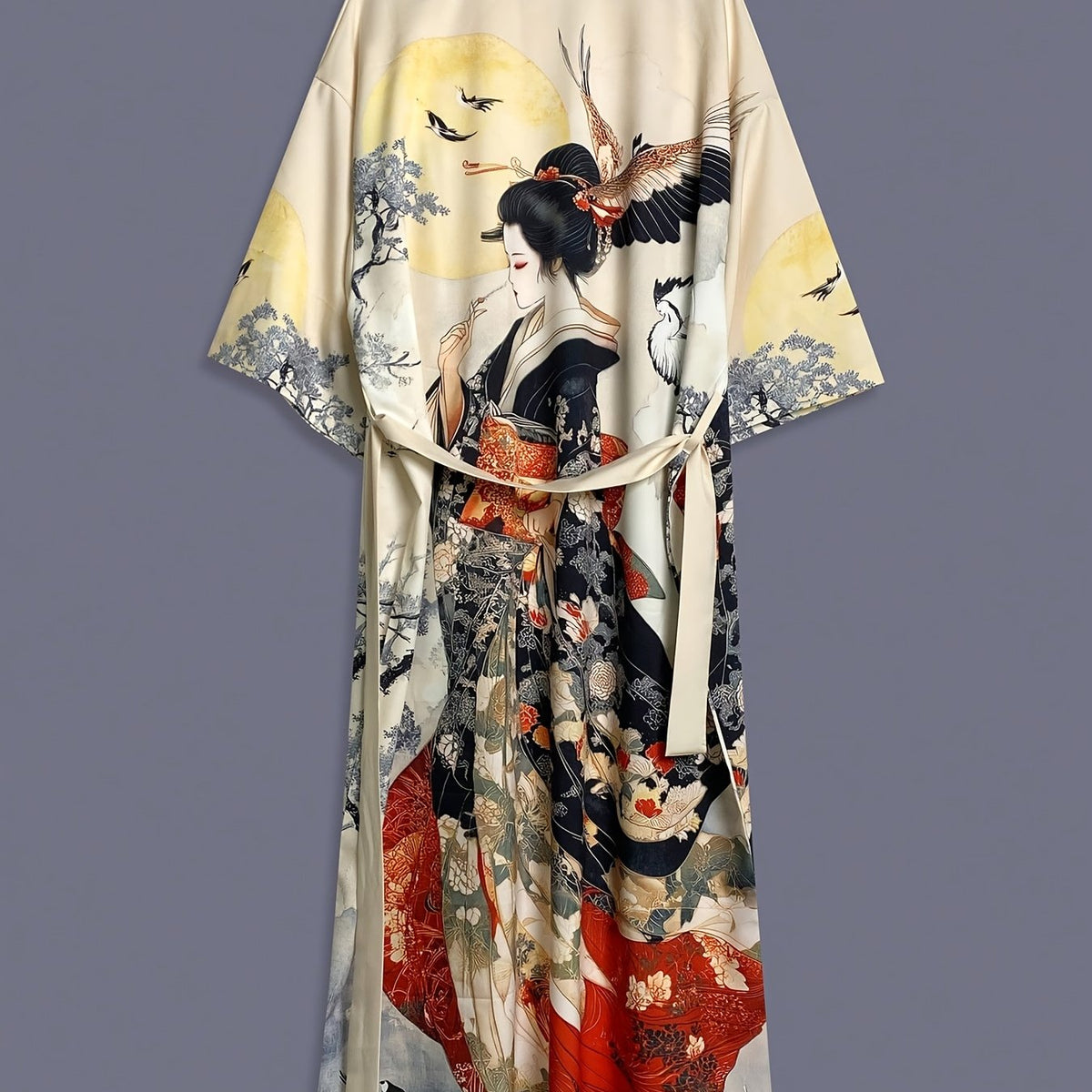 Copricostume kimono in raso leggero — Stampa giapponese vintage, silhouette morbida