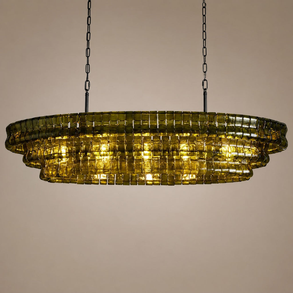 Modern oval takkrona — justerbar sänkhöjd, stålram och böjt glas, alternativ med 5 eller 12 glödlampor