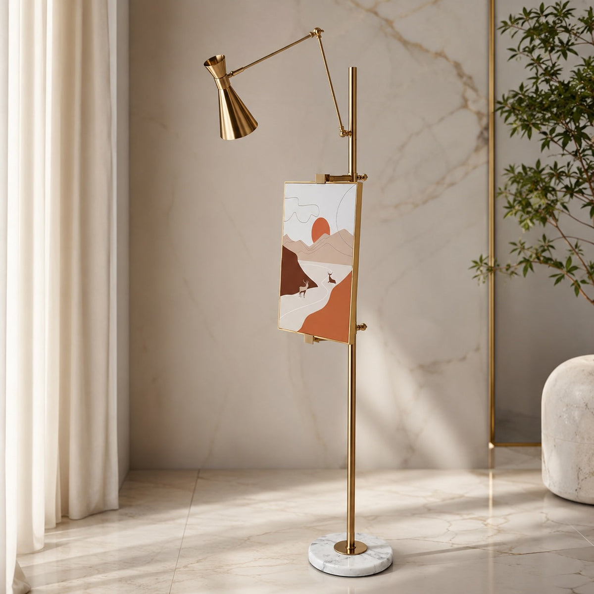 Modern Floor Lamp — Adjustable Height, Gold Metal Finish, White Marble Base