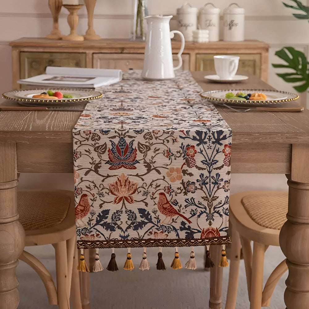 Floral & Bird Jacquard Table Runner — Vintage Motif