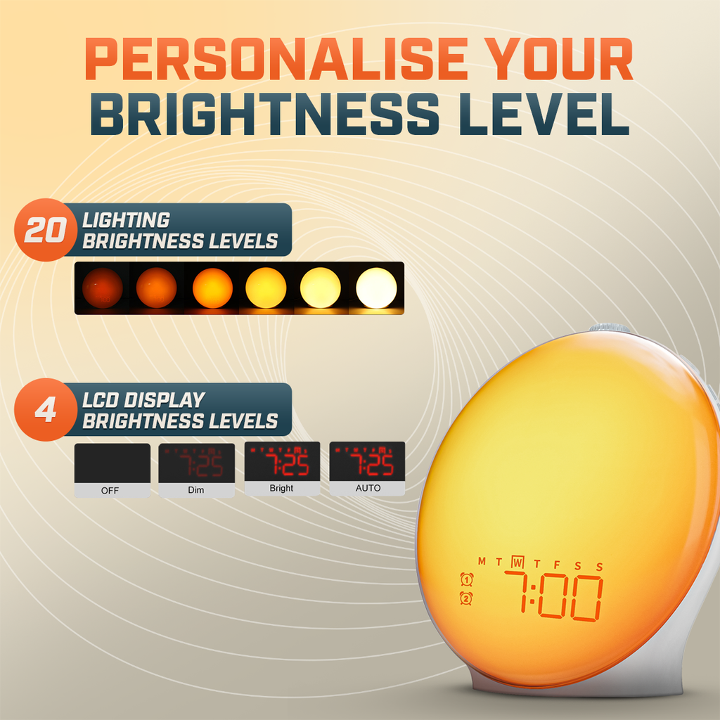 Wake-Up Sun Lamp Alarm Clock — Gradual Sunrise Glow, Customizable Sounds