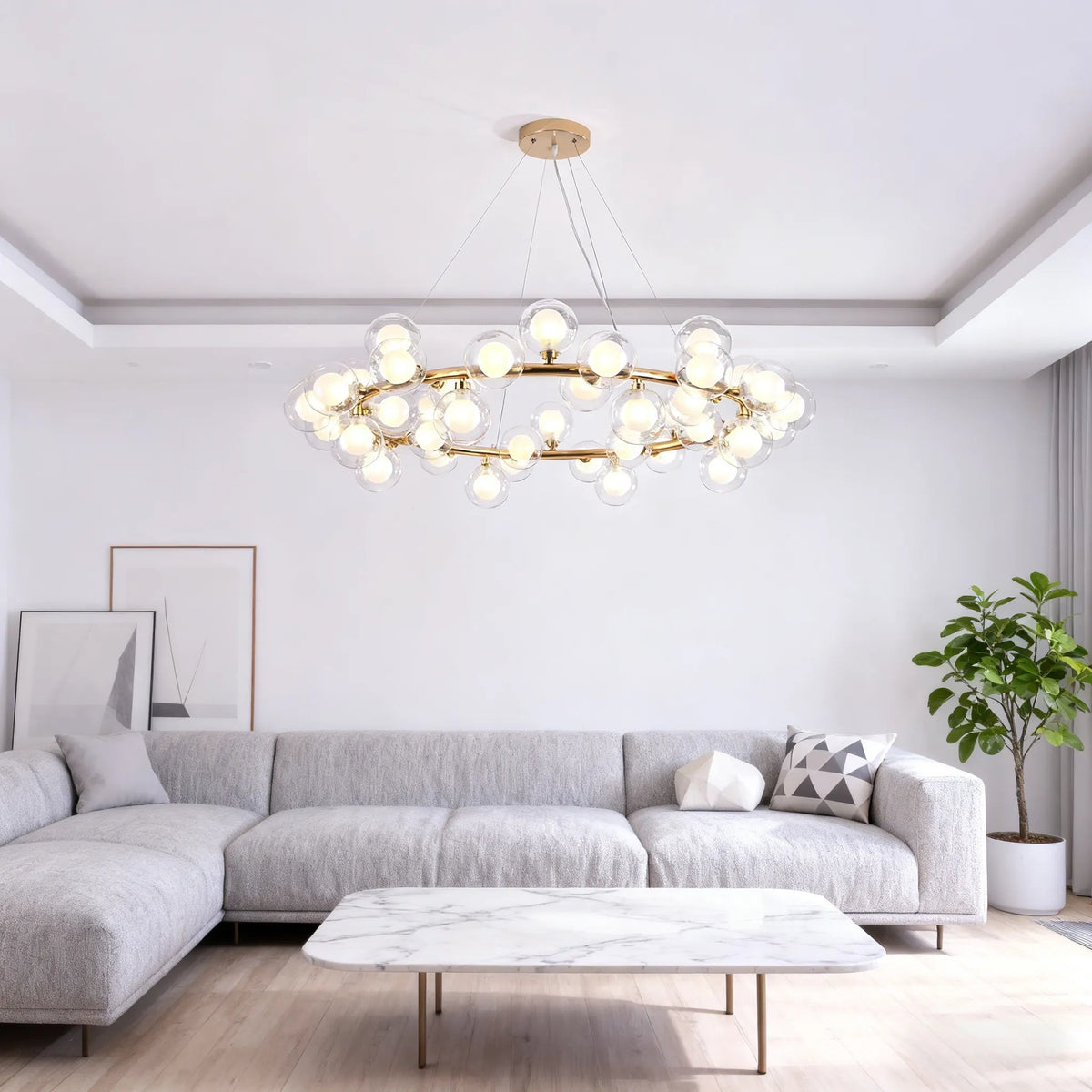 Candelabru modern tip baloane din sticlă aurie, reglabil pentru sufragerie | boxzora