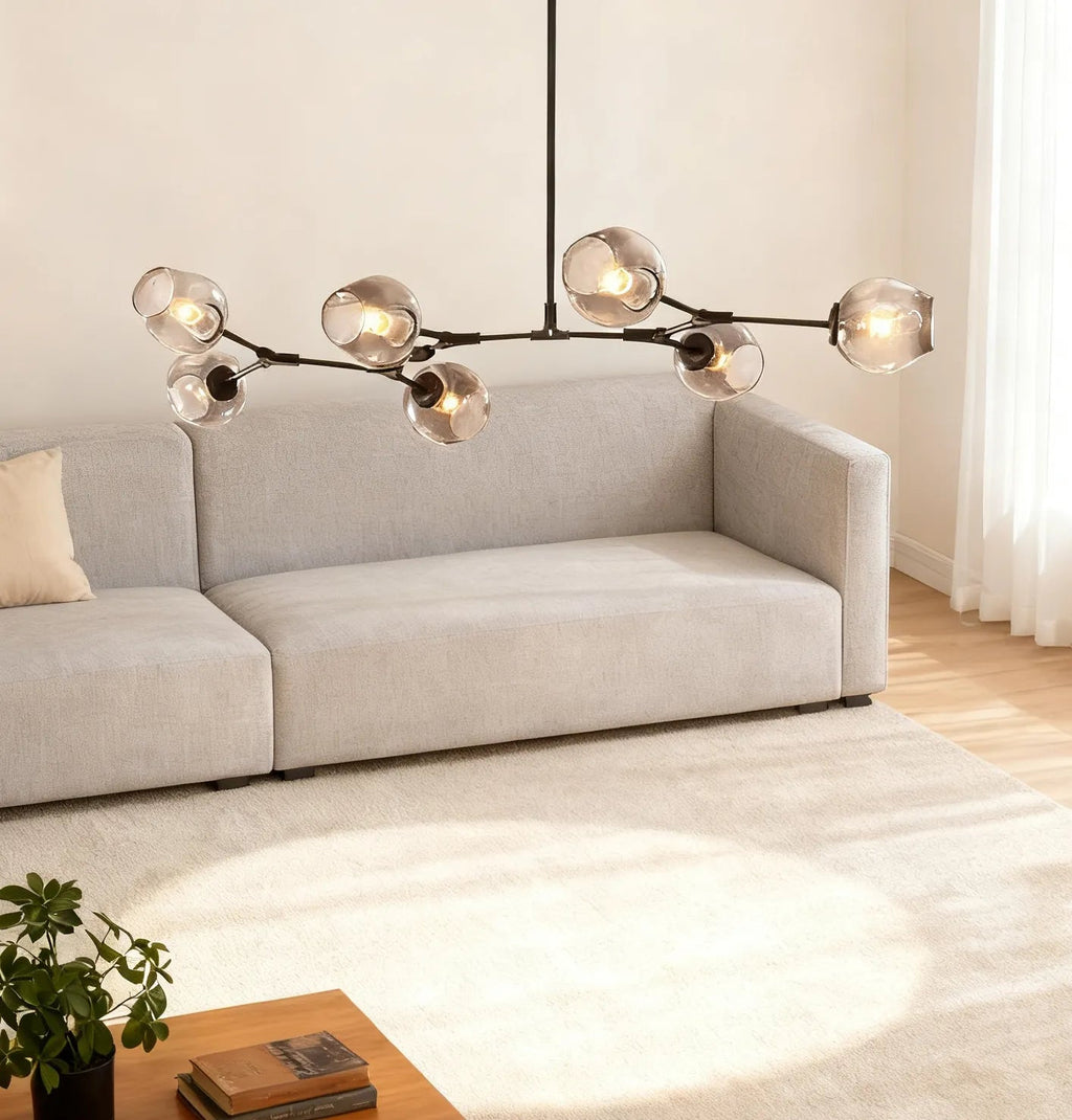 Żyrandol ze szklanymi kloszami w kształcie rozgałęzionych baniek, w stylu mid-century, z regulowanymi ramionami, do salonu | boxzora