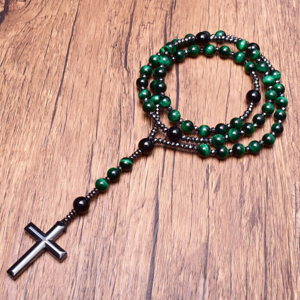 Collana con rosario da uomo Orion — Catena con perle a forma di croce in occhio di tigre e lapislazzuli