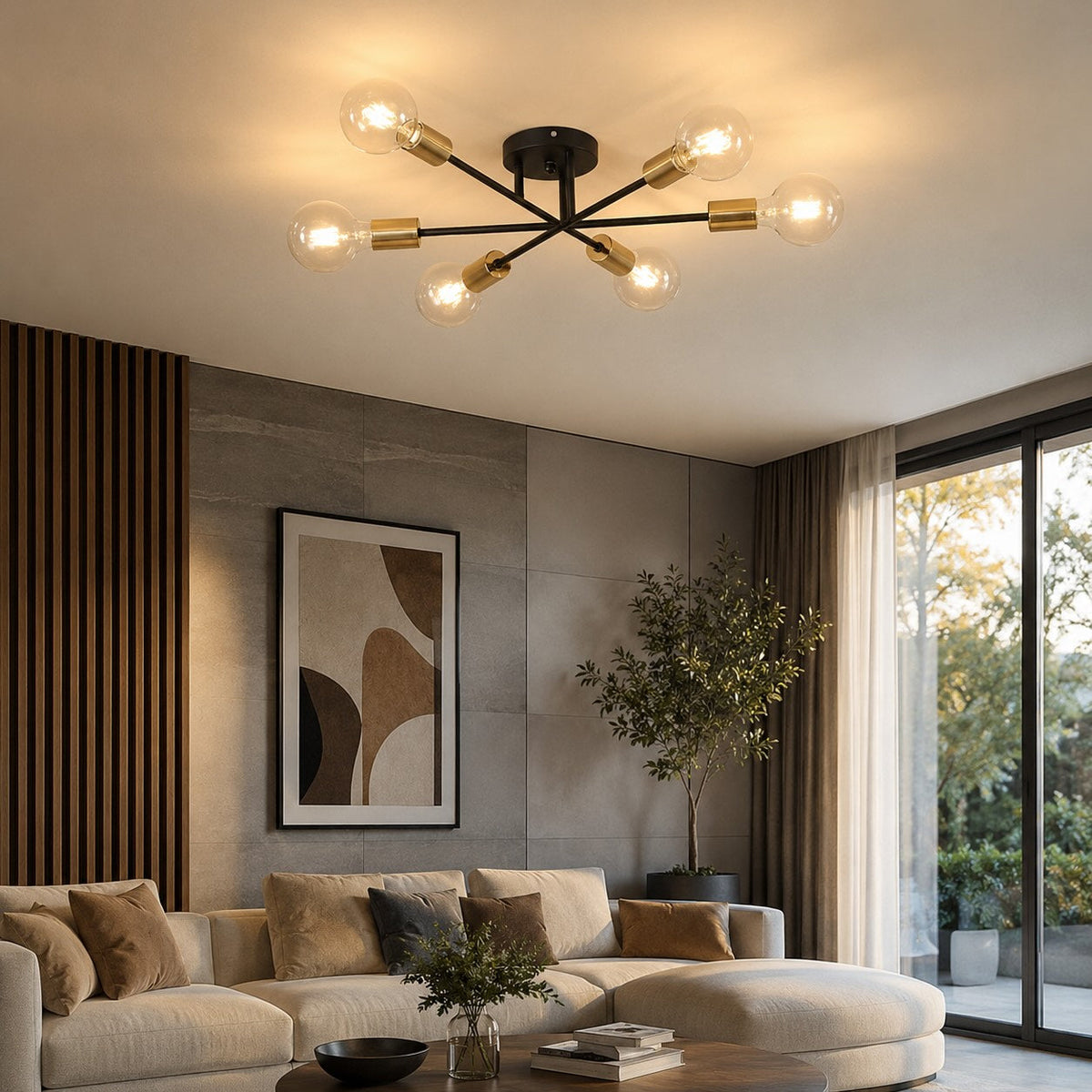 Moderne geometrisk loftlampe i metal — LED med 6 pærer, diameter på 28 Inch, krydsede arme og kugleformede skærme