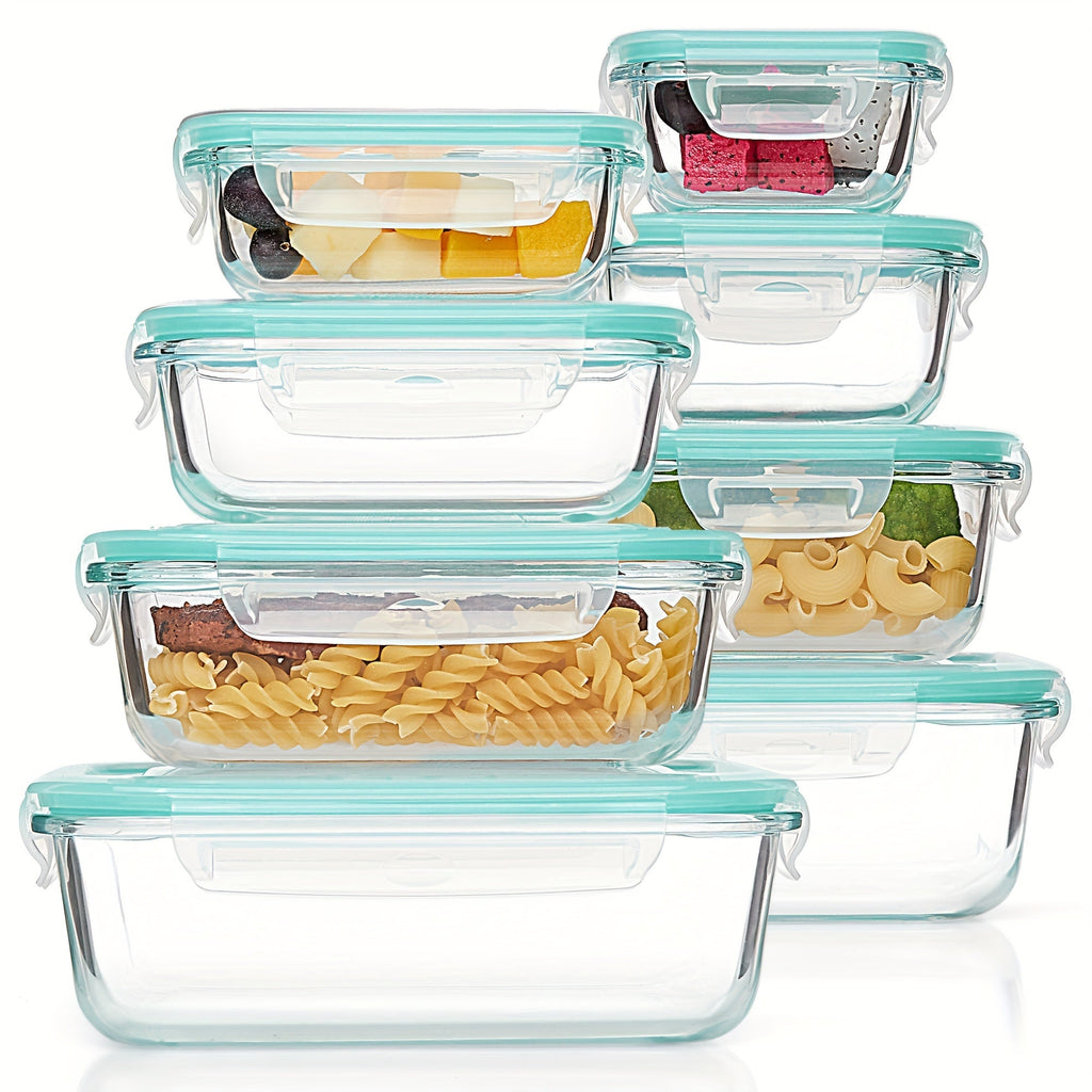 Set de 8 recipientes de vidrio para guardar alimentos — Cajas bento herméticas, tapas con cierre a prueba de fugas, aptos para horno, congelador, microondas y lavavajillas, sin BPA