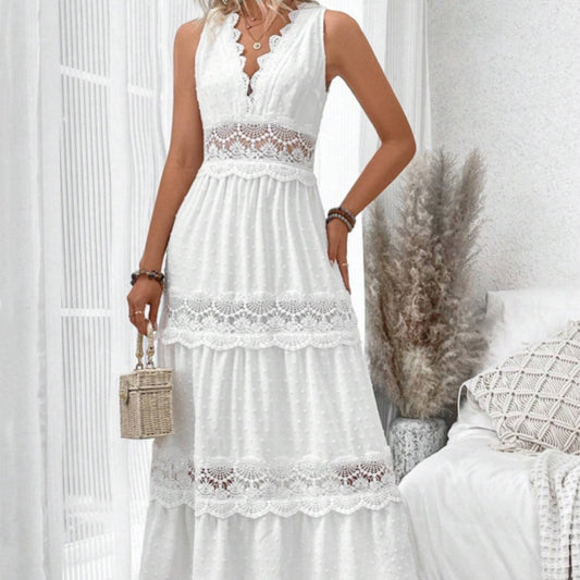Robe sans manches pour femme à col en V avec dentelle cousue
