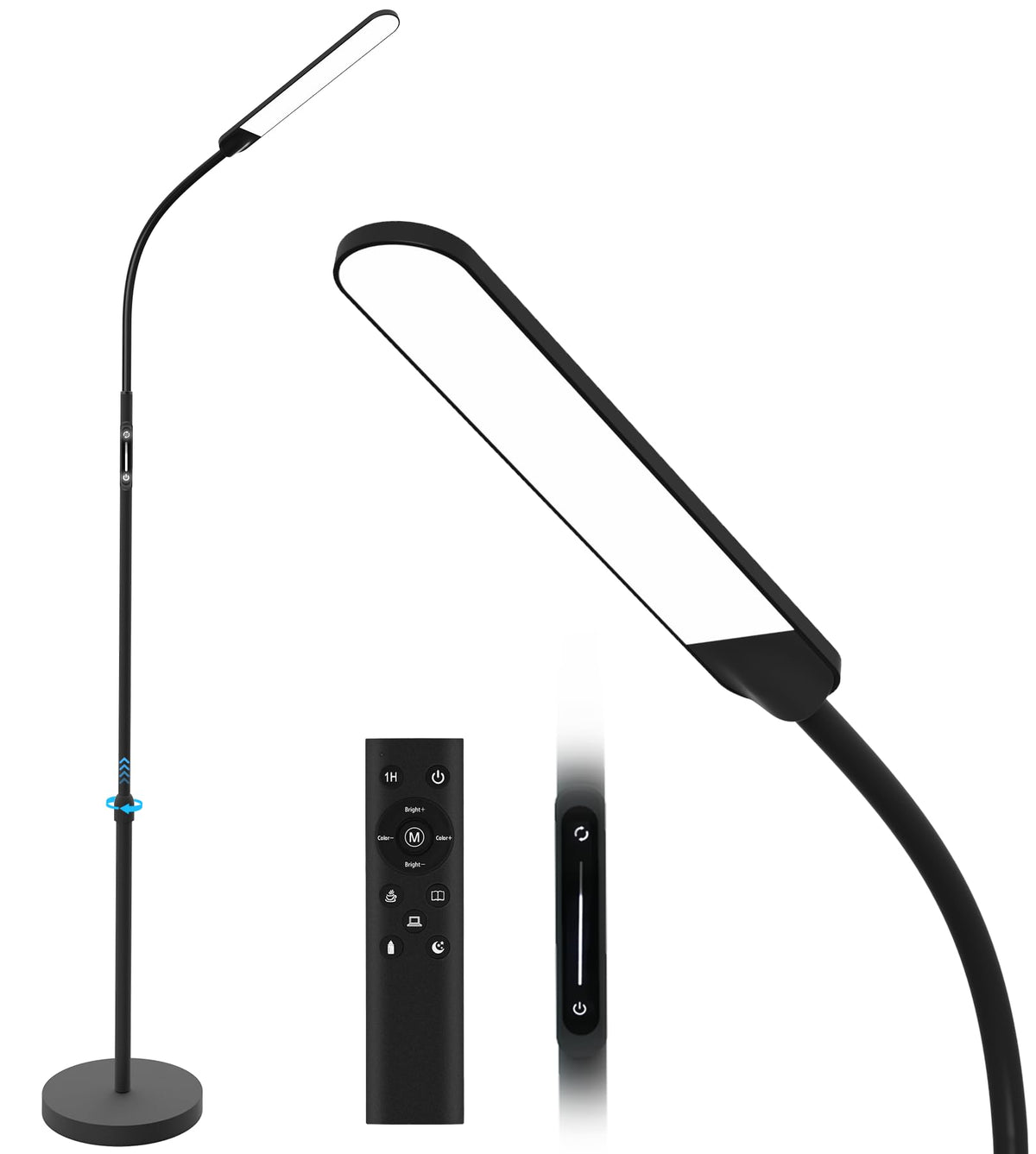 Regulowana lampa podłogowa LED Nxone, czarna — bezstopniowa regulacja jasności, 4 kolory, nowoczesna lampka do czytania