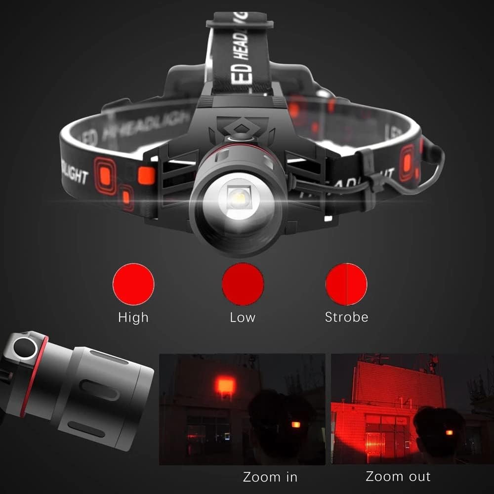 Lampe frontale LED rechargeable puissante - modes d'éclairage blanc, rouge et vert, chargement USB, fonctionnement sur batterie