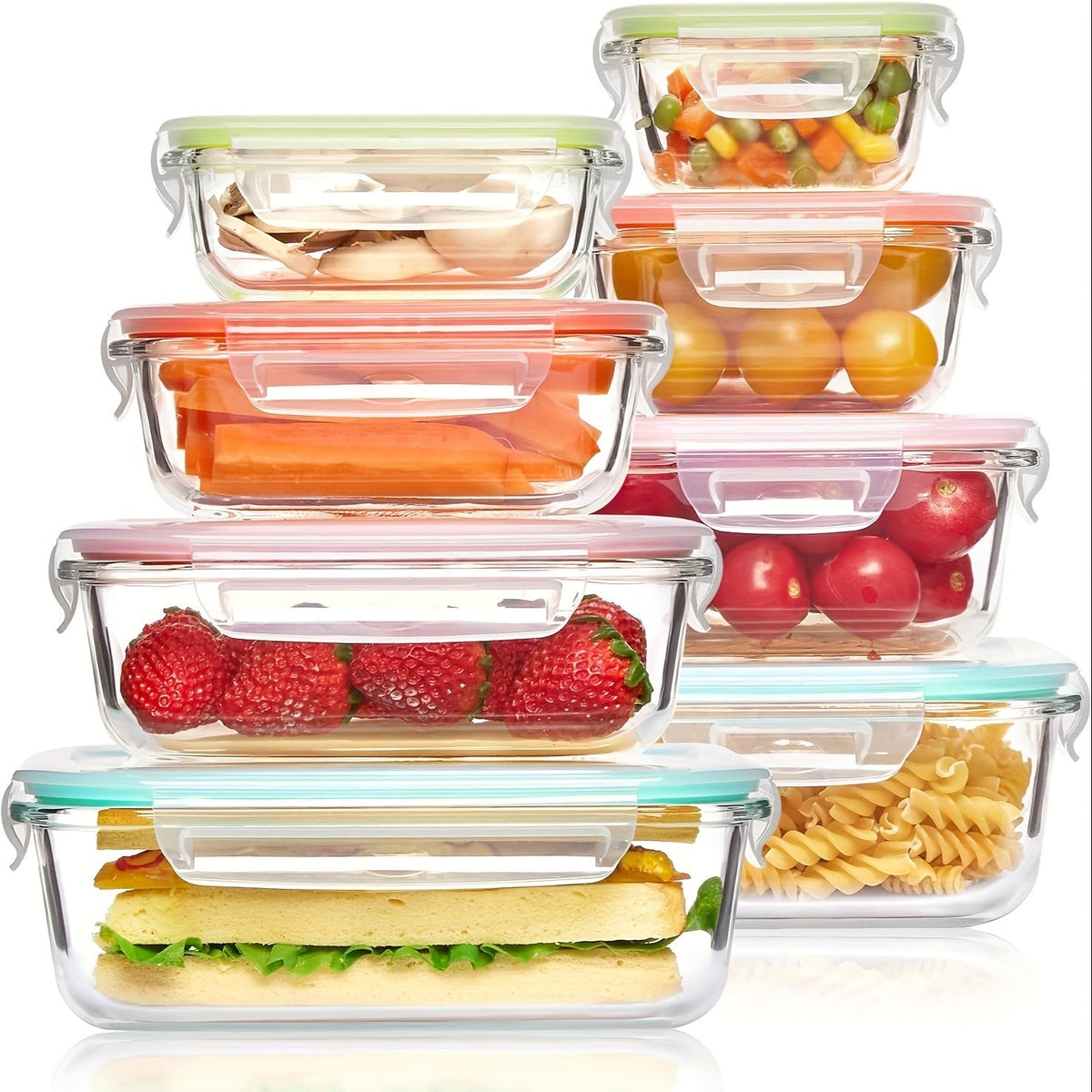 Set de 8 recipientes de vidrio para guardar alimentos — Cajas bento herméticas, tapas con cierre a prueba de fugas, aptos para horno, congelador, microondas y lavavajillas, sin BPA