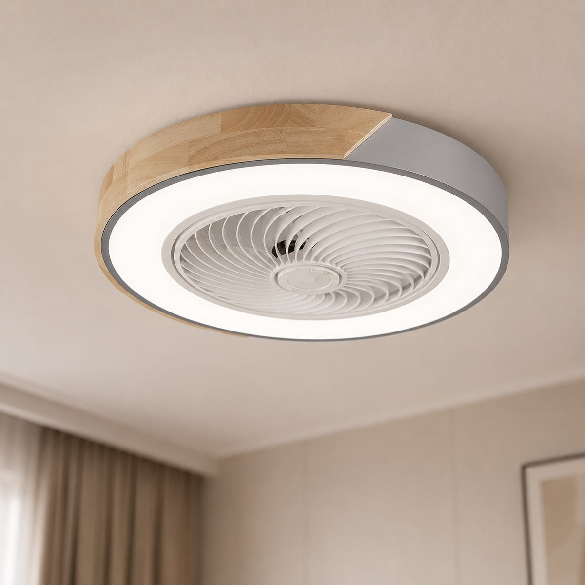 Moderní bezlopatkový stropní ventilátor — železný rám pro přisazenou montáž, integrovaná LED světla, stmívatelný, nastavitelná teplota chromatičnosti