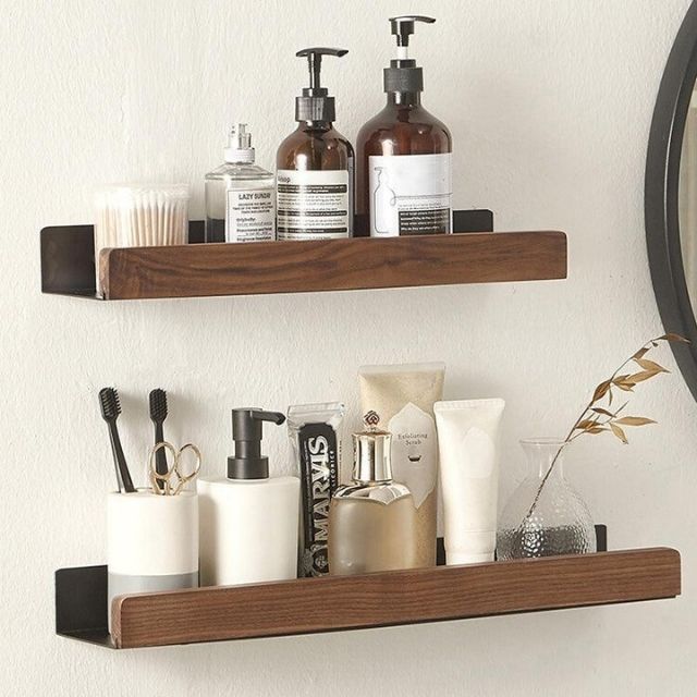 Mensola organizer da bagno in legno massello — Scaffale da parete senza fori