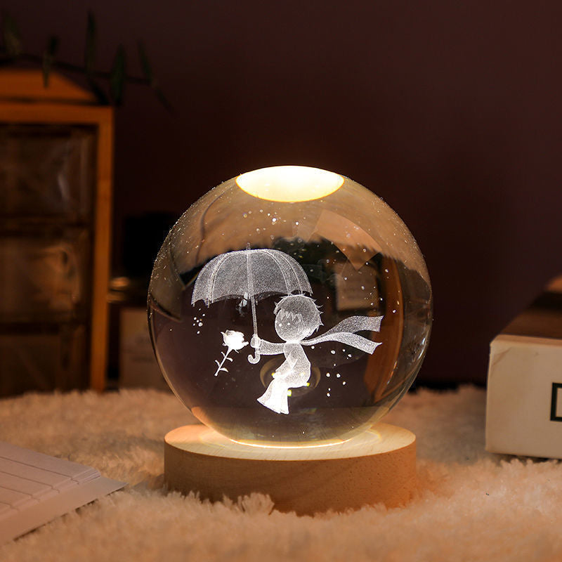 Luz nocturna de cristal con sistema solar 3D iluminado