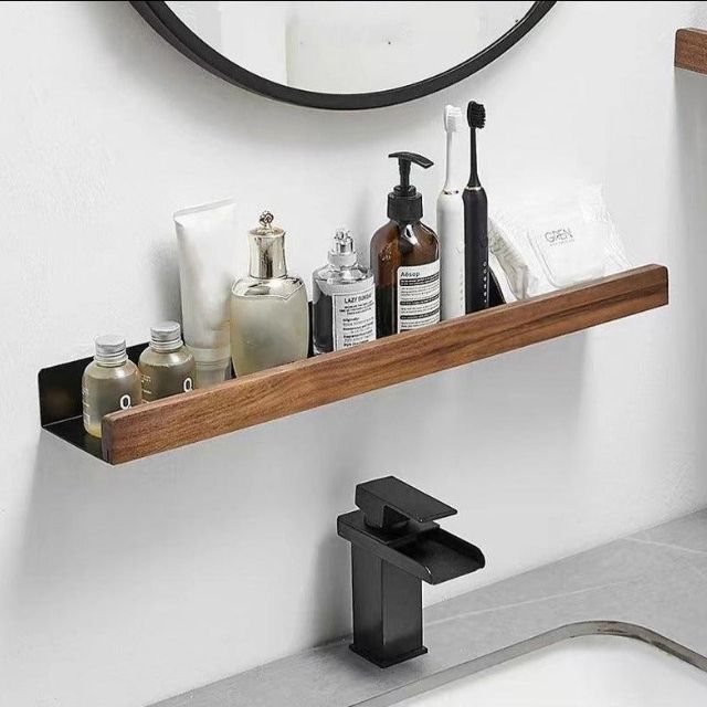 Mensola organizer da bagno in legno massello — Scaffale da parete senza fori