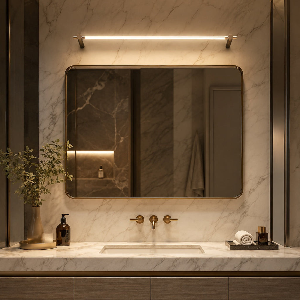 Horizontal Brass Wall Sconce — Modern LED Vanity Light, Translucent Acrylic Shade, 35.4 Inches