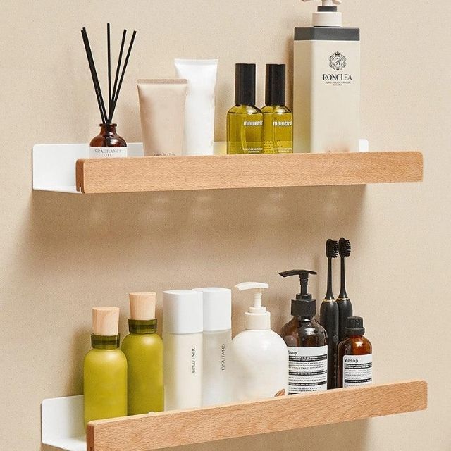 Mensola organizer da bagno in legno massello — Scaffale da parete senza fori