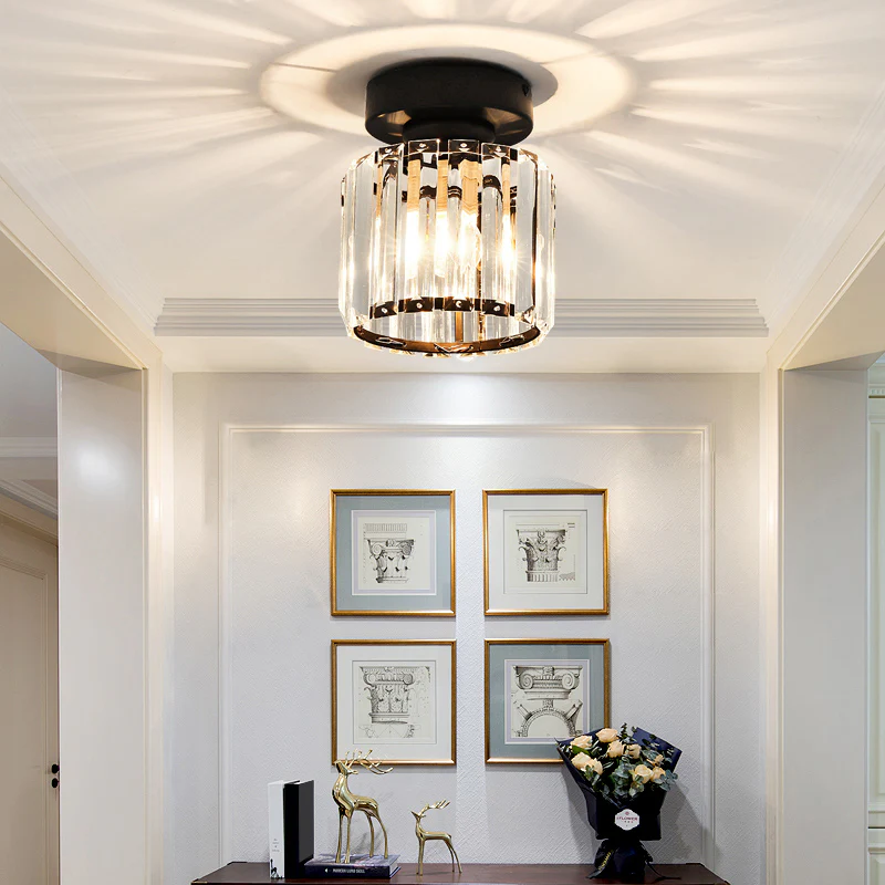 Crystal Glass Ceiling Light — Compact Design, Brass Fixture