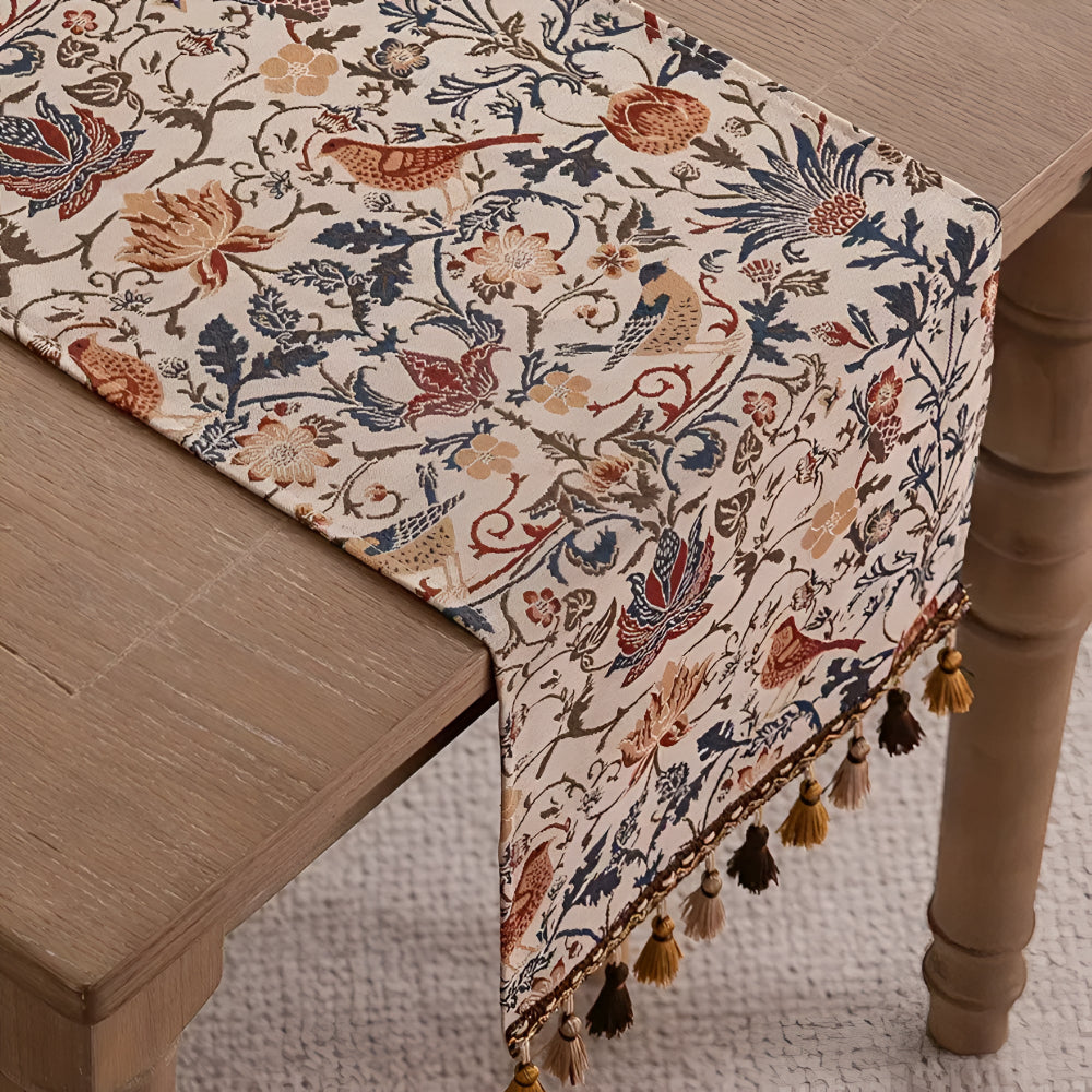Floral & Bird Jacquard Table Runner — Vintage Motif