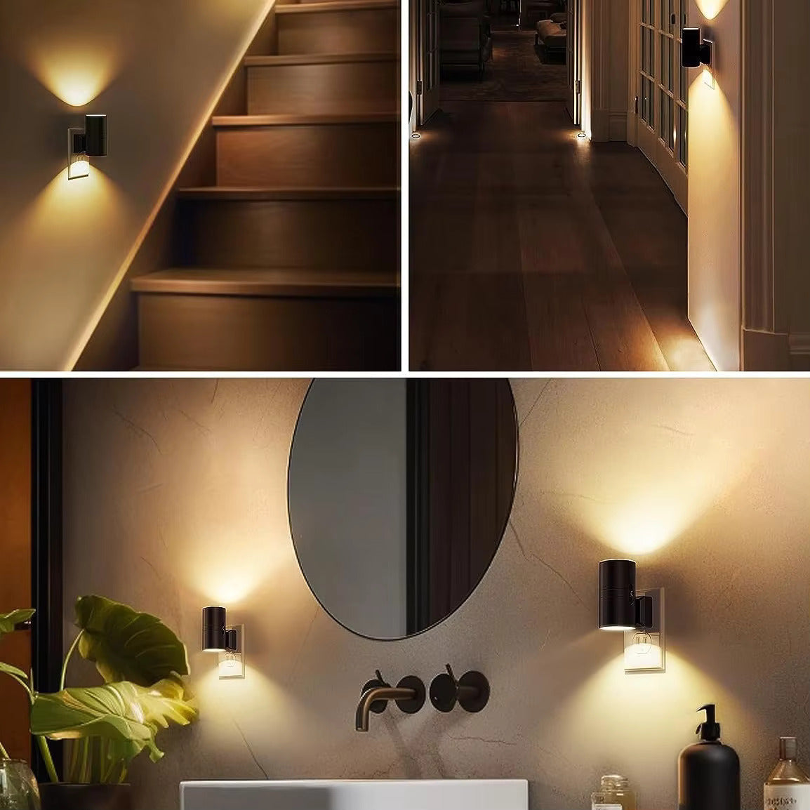 Sensorstyret LED-natlampe med varmt lys ved 3000 K – Dæmpbar væglampe med stik