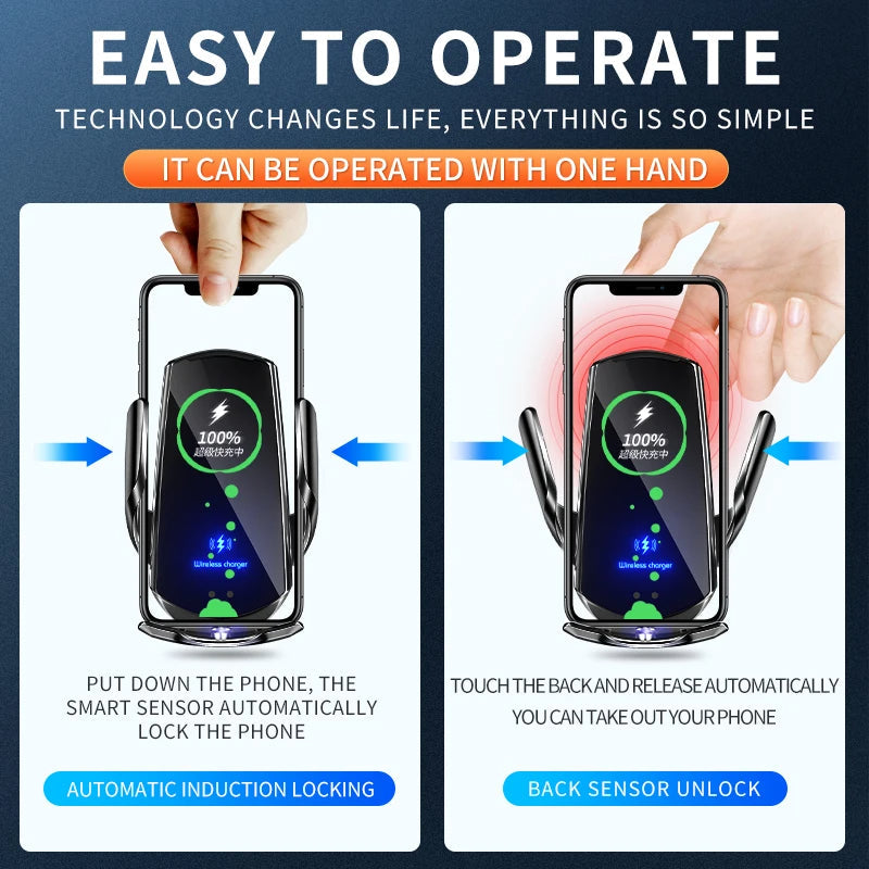 2-in-1 Wireless Car Charger & Phone Holder — Fast Charging, Universal Compatibility, Adjustable Auto Clamp