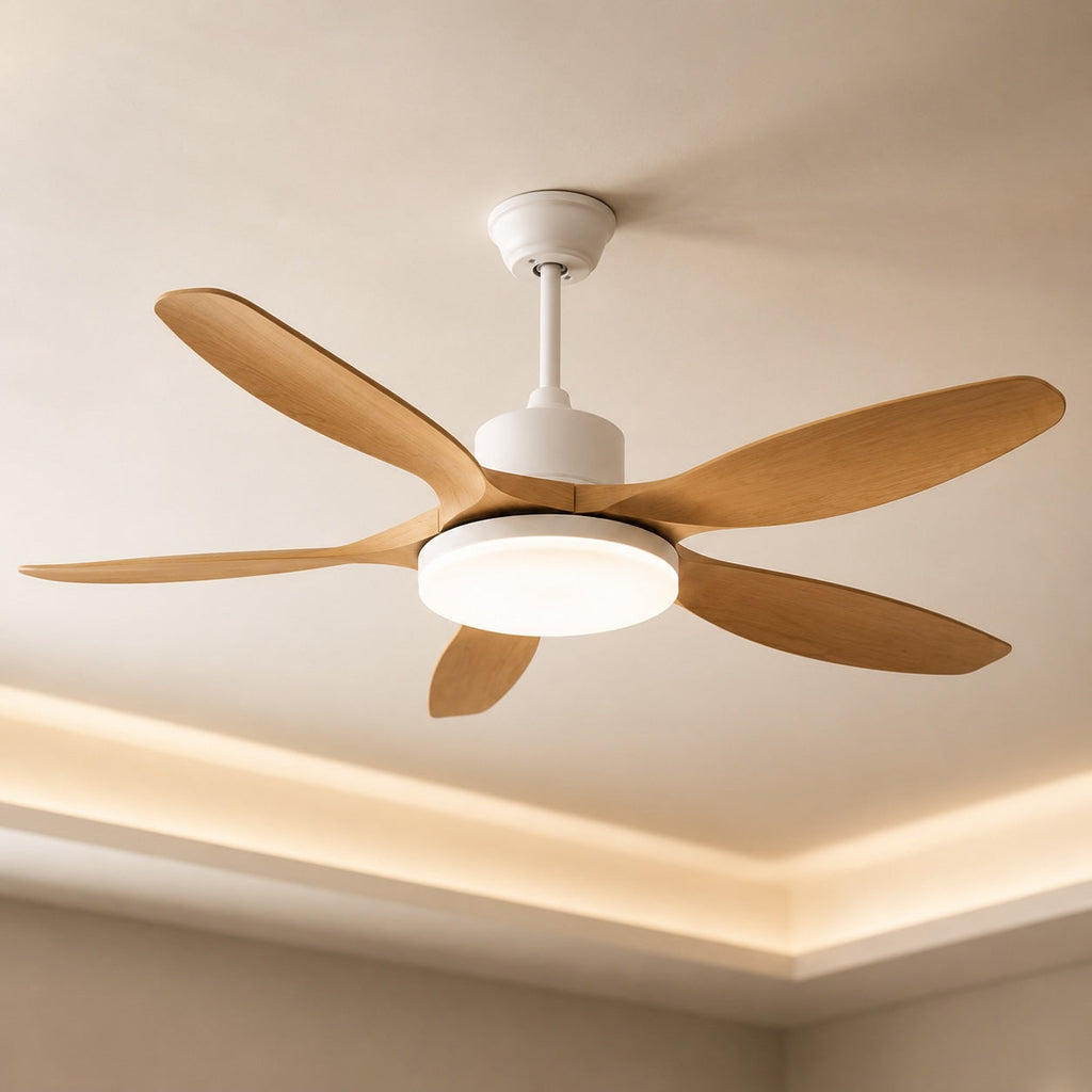 Moderne Deckenleuchte mit Deckenventilator und 5 Flügeln zur direkten Montage - Metallrahmen, einstellbare LED, Fernbedienung