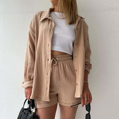 Ensemble Femme Été 2 Pièces – Chemise Plissée & Short Taille Haute
