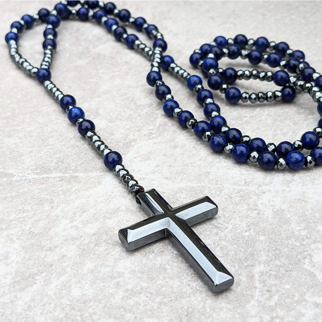 Collana con rosario da uomo Orion — Catena con perle a forma di croce in occhio di tigre e lapislazzuli