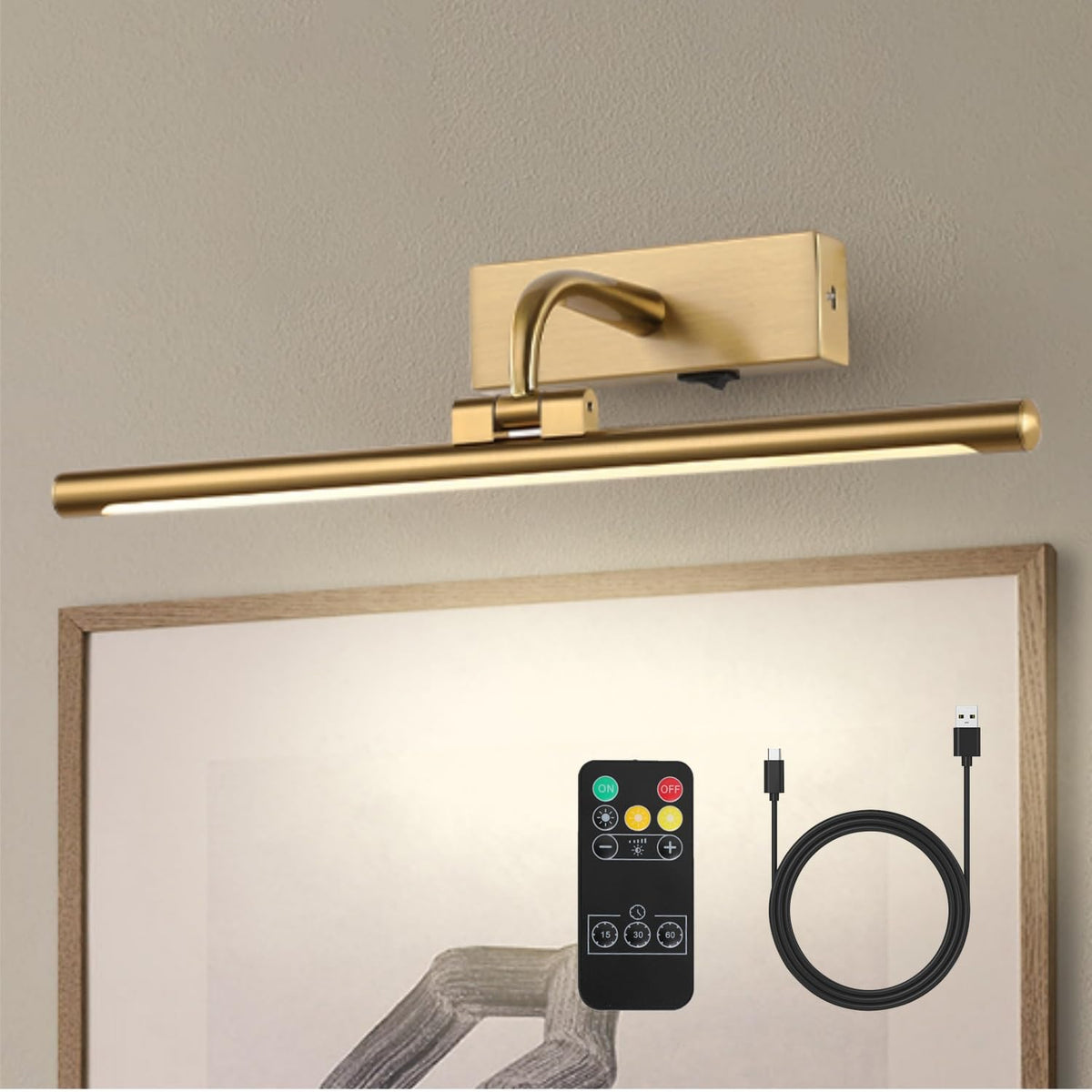 Wireless Rechargeable Picture Light — 15.94-Inch Brass, 270° Rotatable Head, 3CCT Remote & Timer