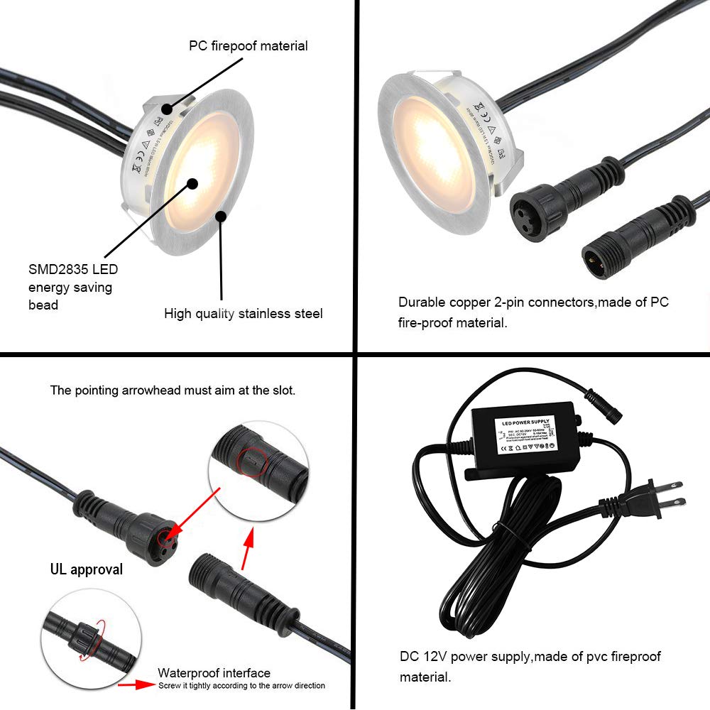 Set de 6 lumini LED Smy Lighting pentru terasă, de joasă tensiune — Impermeabile IP67, lumină albă caldă, oțel inoxidabil