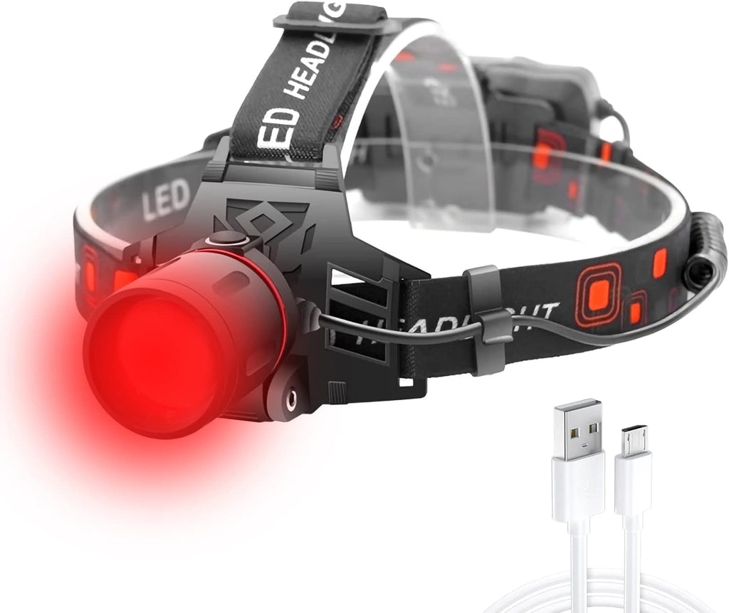 Lampe frontale LED rechargeable puissante - modes d'éclairage blanc, rouge et vert, chargement USB, fonctionnement sur batterie