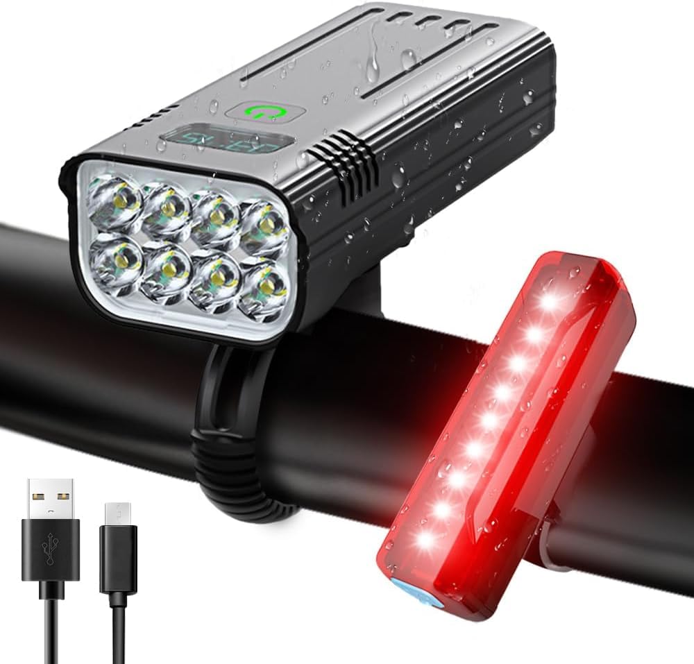 Σετ ποδηλατικού φωτισμού Victoper 8000 Lumens — Επαναφορτιζόμενο μέσω USB, σετ 8 LED εμπρός και πίσω, μαύρο ματ