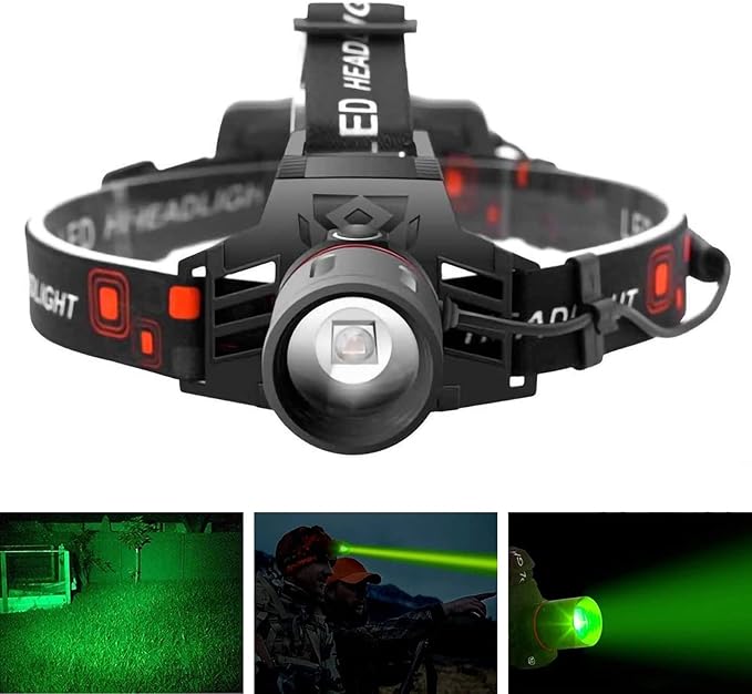 Lampe frontale LED rechargeable puissante - modes d'éclairage blanc, rouge et vert, chargement USB, fonctionnement sur batterie
