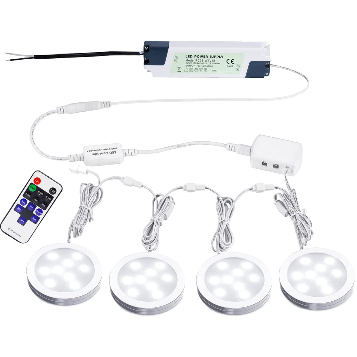 Spots LED Aiboo Linkable pour dessous d’armoire — Câblés en 12 V, aluminium mince, à intensité réglable, télécommande RF, lot de 4, blanc lumière du jour, sans prise murale