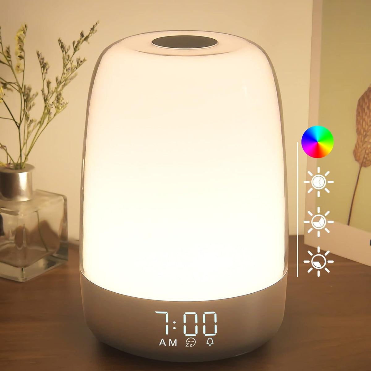 Luz de despertar Aurora — simulação do nascer e do pôr do sol, recarregável por USB-C