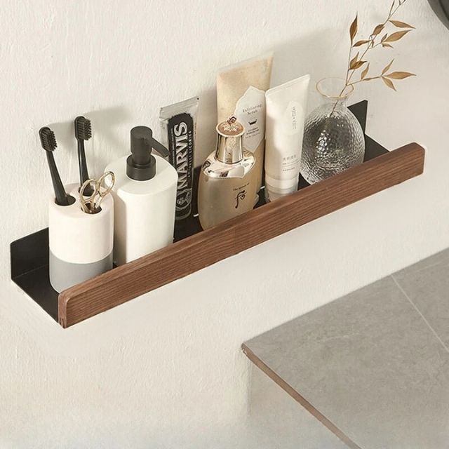 Mensola organizer da bagno in legno massello — Scaffale da parete senza fori