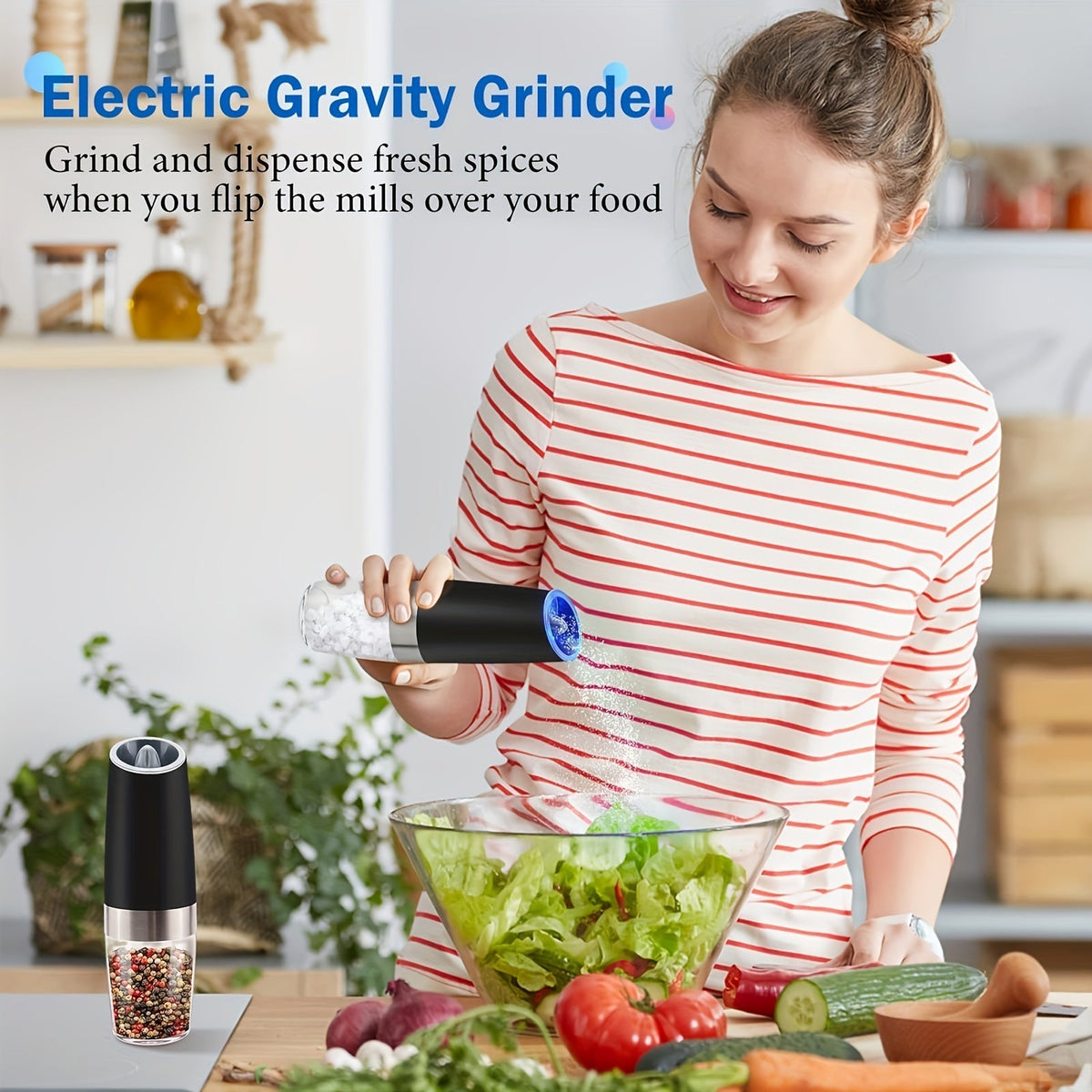 Gravity elektromos só- és borsőrlő készlet - egykezes automatikus működtetés, állítható őrlési finomság, elemmel működik, beépített LED-világítás, fekete