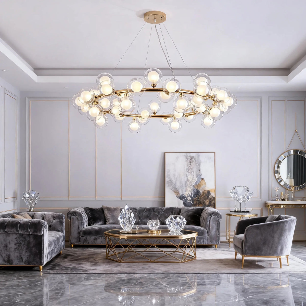 Candelabru modern tip baloane din sticlă aurie, reglabil pentru sufragerie | boxzora