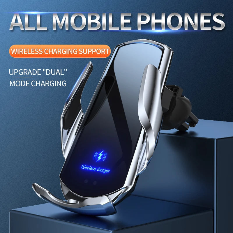 2-in-1 Wireless Car Charger & Phone Holder — Fast Charging, Universal Compatibility, Adjustable Auto Clamp