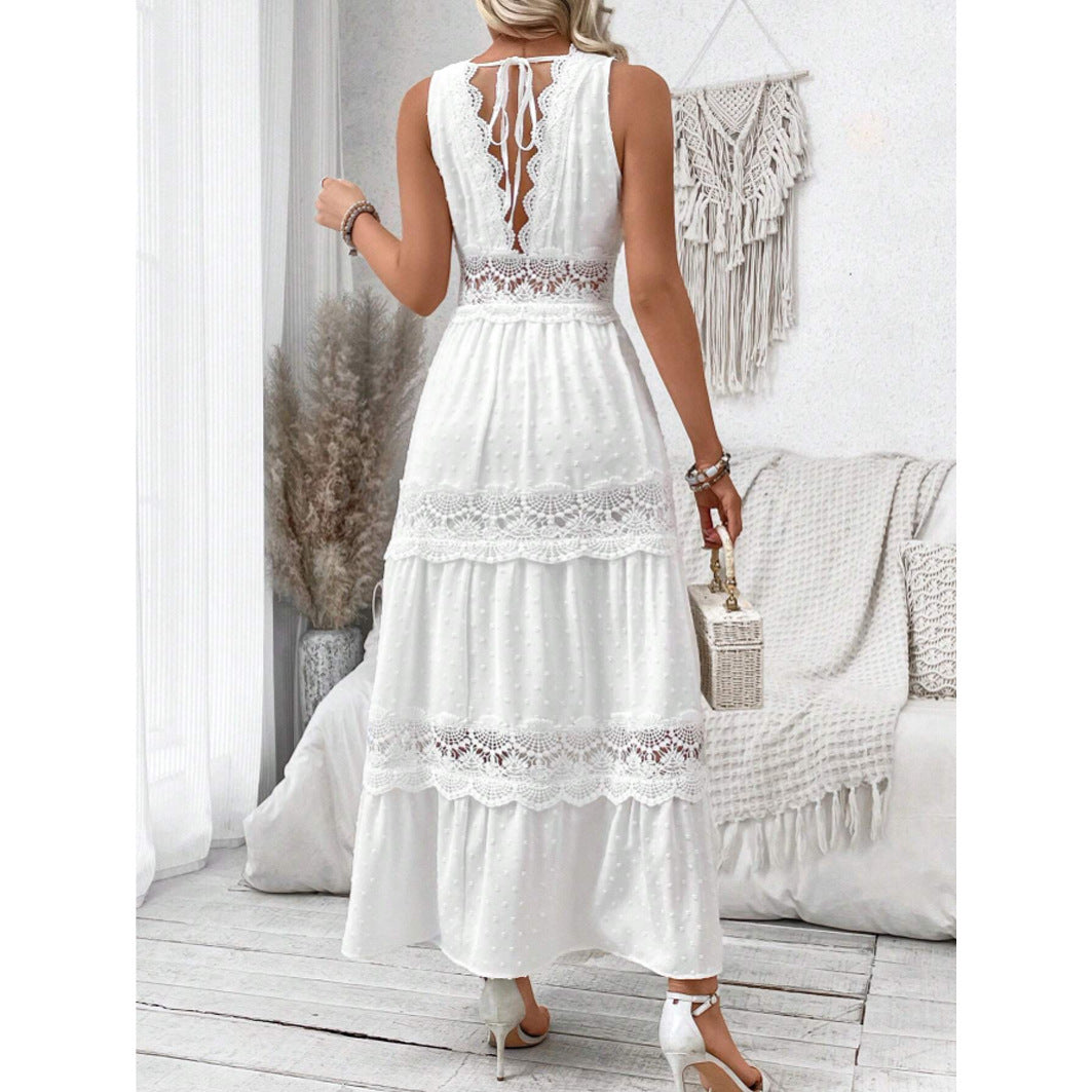 Robe sans manches pour femme à col en V avec dentelle cousue
