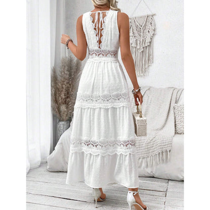 Robe sans manches pour femme à col en V avec dentelle cousue
