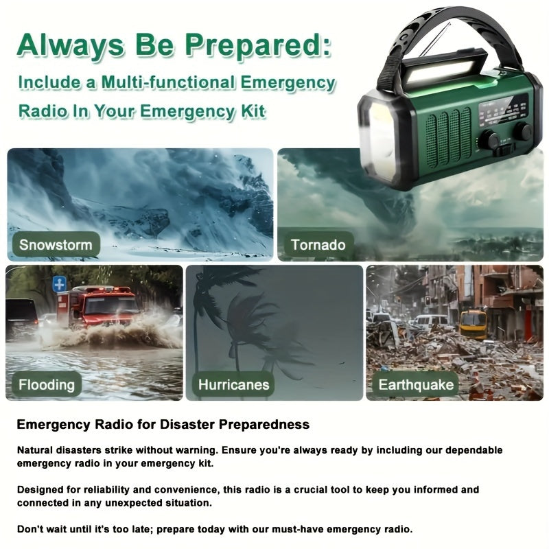 راديو الطوارئ StormMate X10 — بنك طاقة بسعة 10 000 mAh، شحن بالطاقة الشمسية وباليد، منفذ USB-C، ضوء LED، إنذار SOS، بوصلة، موالف AM FM NOAA