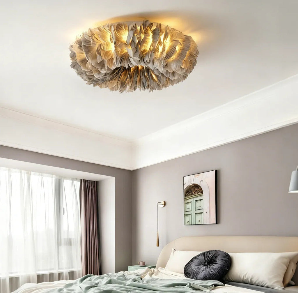 Lámpara de techo nórdica de plumas para dormitorio, antideslumbrante | boxzora