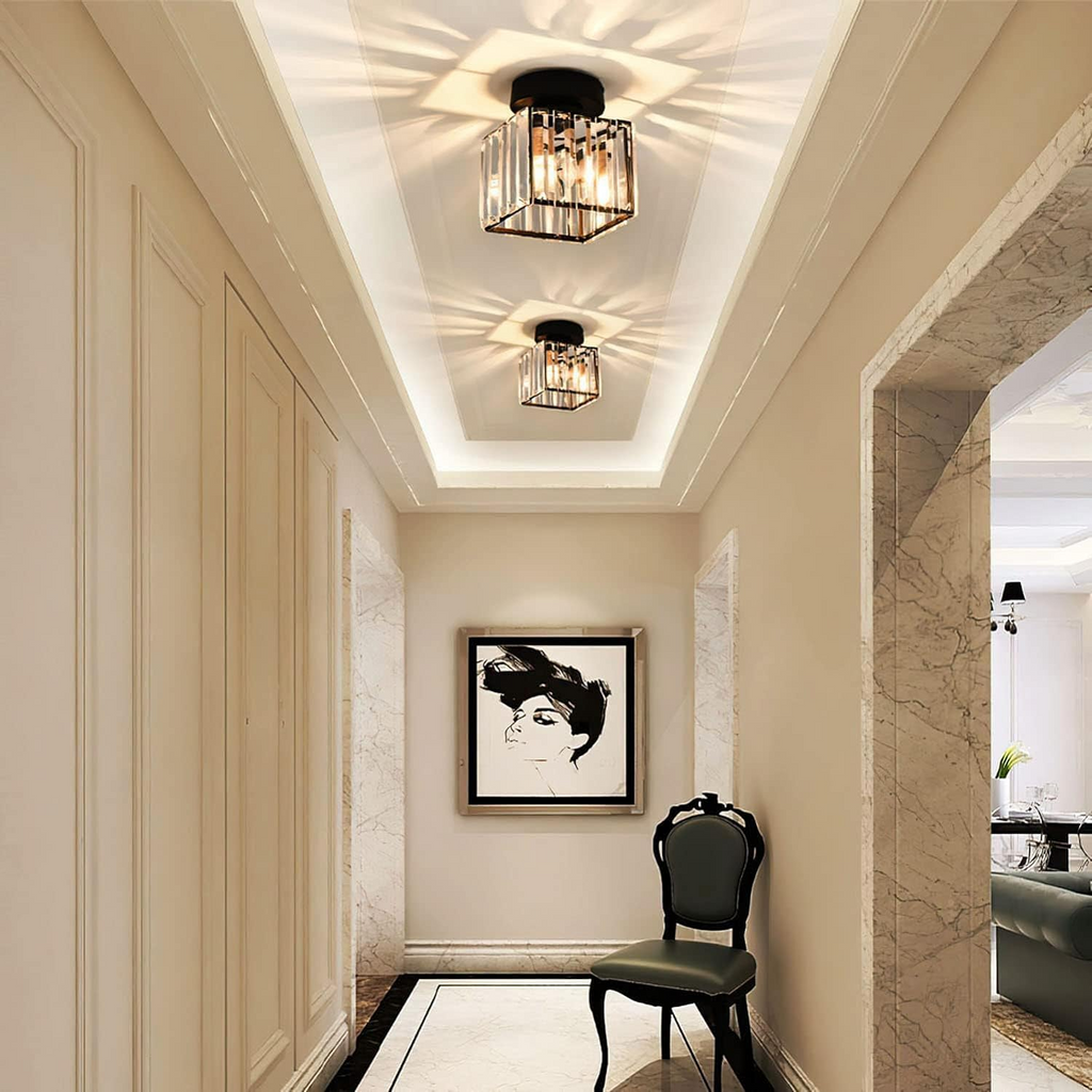 Crystal Glass Ceiling Light — Compact Design, Brass Fixture