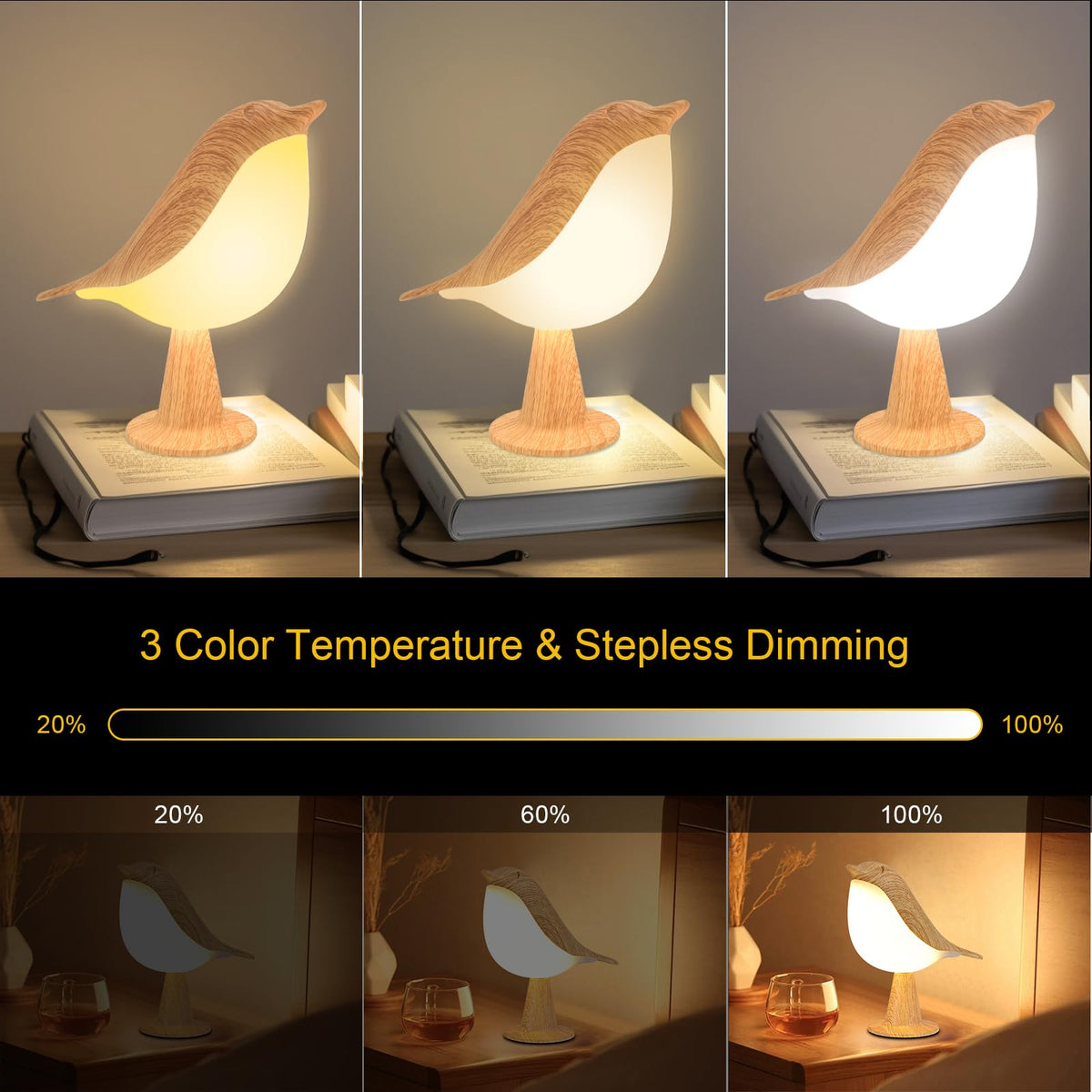 Vquand 2-Pack Bird Desk Lamp — Rechargeable Kids Night Light, Touch Sensor, 3 Color Modes