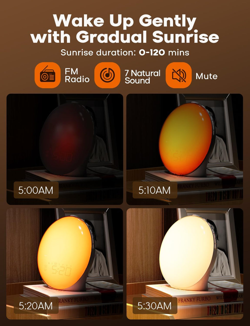 Despertador GlowRise com simulação do nascer e do pôr do sol — luz natural para acordar
