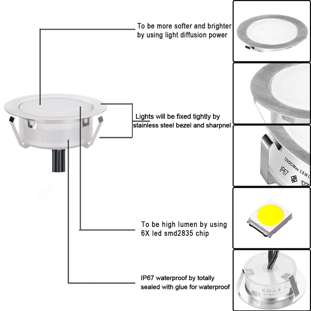 Set de 6 lumini LED Smy Lighting pentru terasă, de joasă tensiune — Impermeabile IP67, lumină albă caldă, oțel inoxidabil